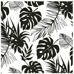 Seamless Tropical Leaf Silhouette Pattern – Hand-Drawn Palm, Monstera & Fern Vector on Soft White Background for Textile & Wallpaper Design