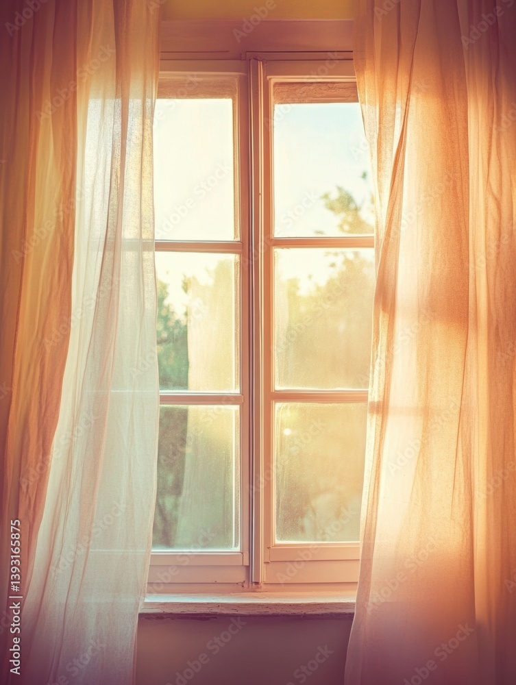 Poster delicate window with flowing curtains in a bright and serene pastel morning atmosphere with sunlight
