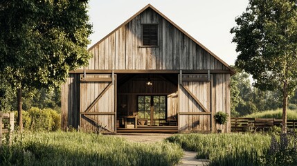 A rustic barn in the countryside with a weathered wooden exterior and a large open door
