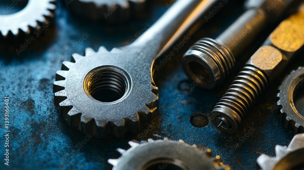Poster close-up view of precision tools highlighting mechanical engineering components and craftsmanship