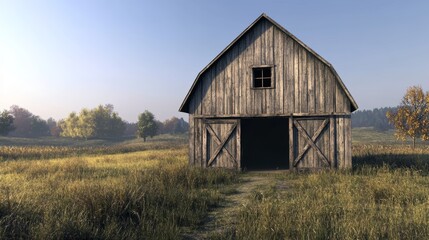 A rustic barn in the countryside with a weathered wooden exterior and a large open door