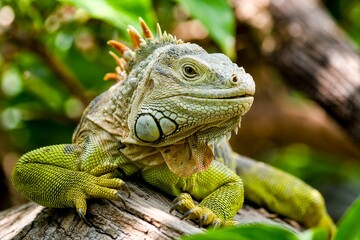 Fototapeta premium Green Iguana Resting On A Branch Detailed Scales And Textured Skin