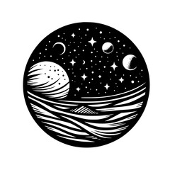 Celestial Circle: Black & White Space Illustration, Linework & Stars