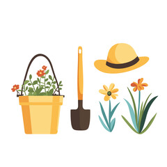 Gardening set with flowers flat style in earthy tones symbolizing spring tools
