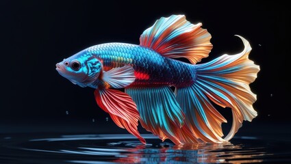 Fototapeta premium Colorful Betta Fish on Black Background with Flowing Fins – Siamese Fighting Fish Underwater