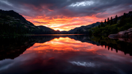 Fiery sunset mirrored in the placid waters of a mountain lake.