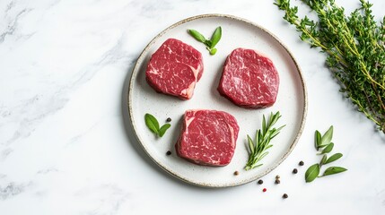Three raw beef steaks on a plate with herbs and peppercorns.