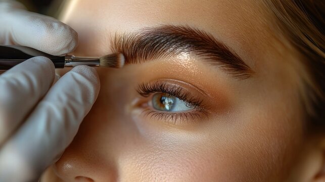 Eyebrow shaping service in progress.  A skilled beautician applies brow makeup to a client's face, focusing on the brow area