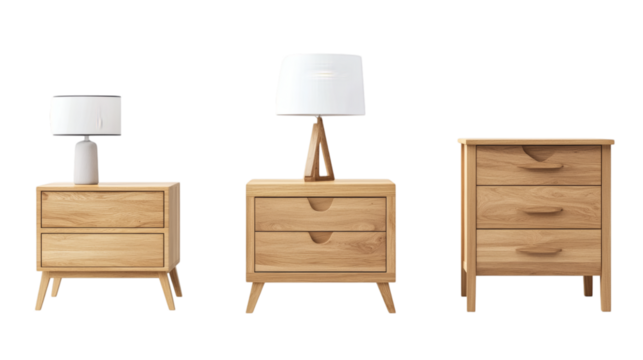 Set of modern minimalist wooden bedside table with lamp and drawers isolated on white background