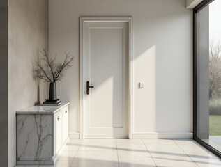 Classical interior design of modern home entryway, hall. Textured beige sofa, white pillows, and a soft knitted throw.