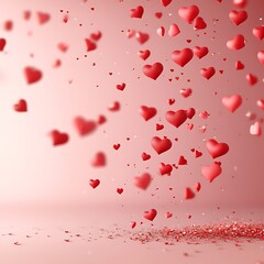 Falling red hearts create a romantic scene against a soft background