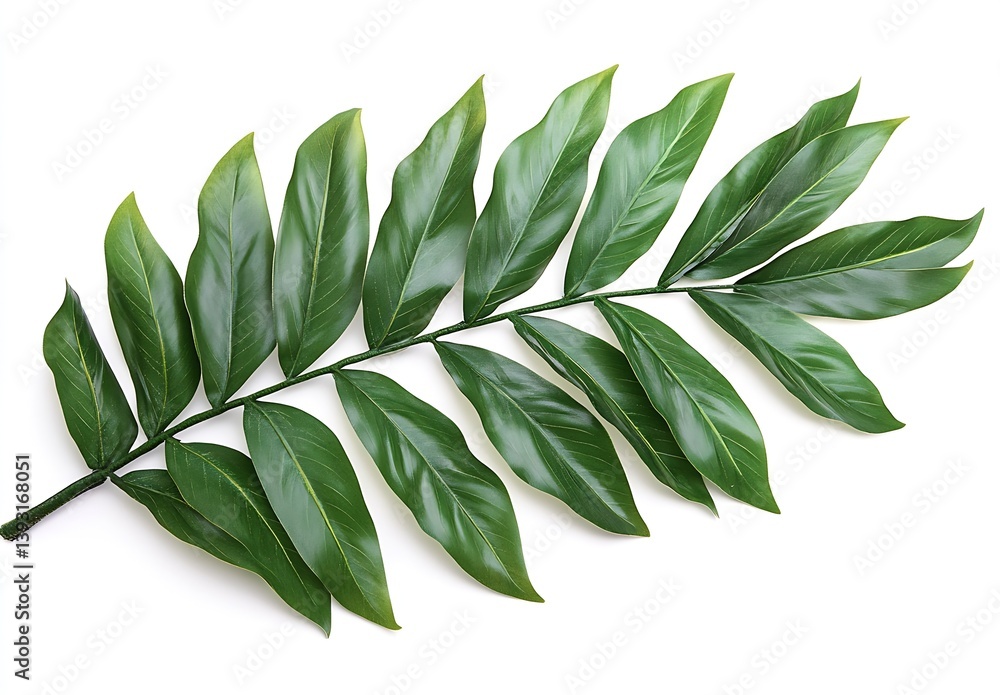 Aufkleber lush green branch with elongated leaves on white background for botanical designs and nature concept
