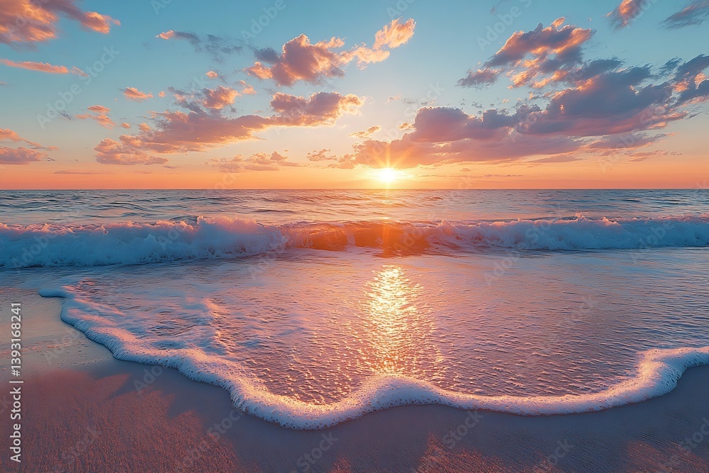 Poster Golden Sunset over Ocean Waves with Soft Foam and Pink Sand Creating a Calm and Tranquil Beach Scene : Generative AI