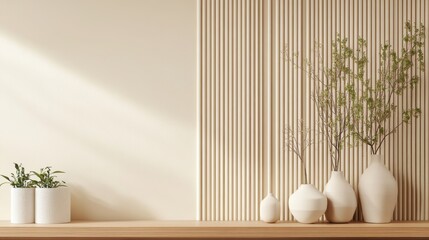 Minimalist interior with a textured wood wall, neutral vases displaying greenery, and a warm, inviting aesthetic