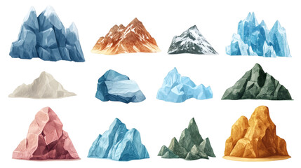 Set of realistic rock, ice, sand different types of mountains collection isolated on white background
