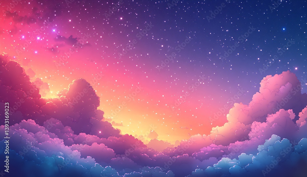 Poster vibrant digital artwork showcasing a dreamlike sky full of clouds and a glorious sunset background :