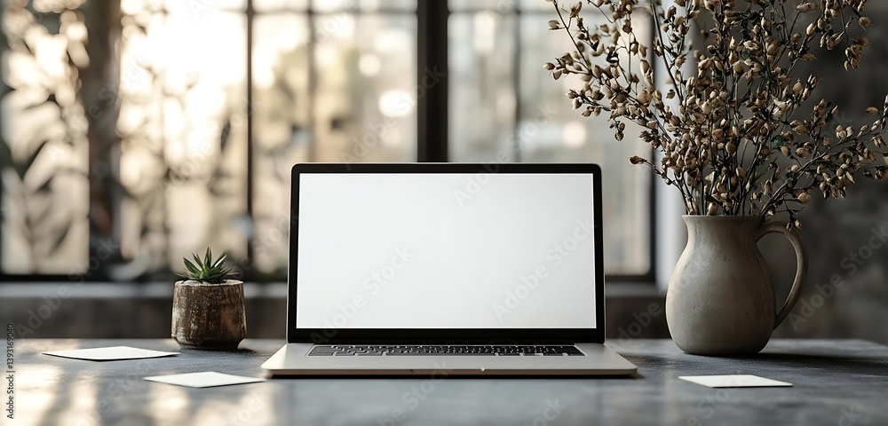 Poster minimalist workspace setup with laptop mockup plants and natural light for creative professionals an