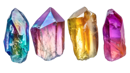 Set of six different coloured aura crystal stones isolated on white background