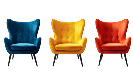 Set of stylish colourful modern accent armchairs isolated on white background