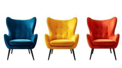 Set of stylish colourful modern accent armchairs isolated on white background