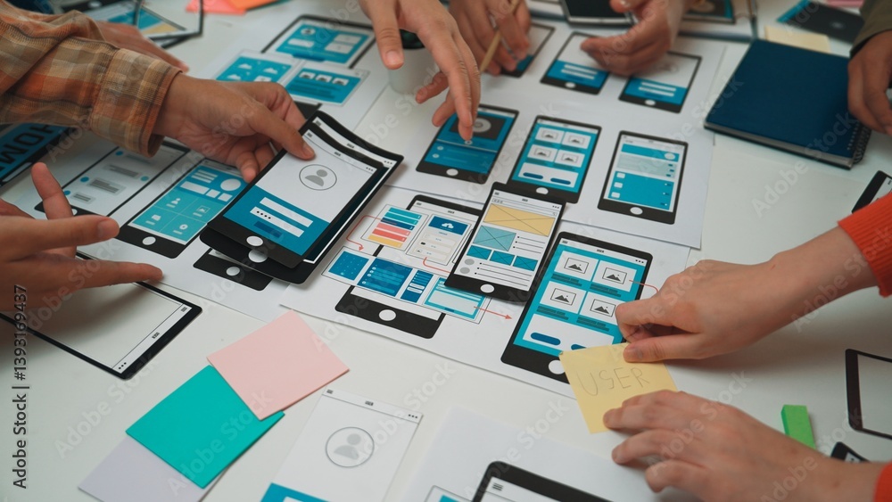 Poster collaborative design session with hands on wireframes and prototypes for mobile app development and 