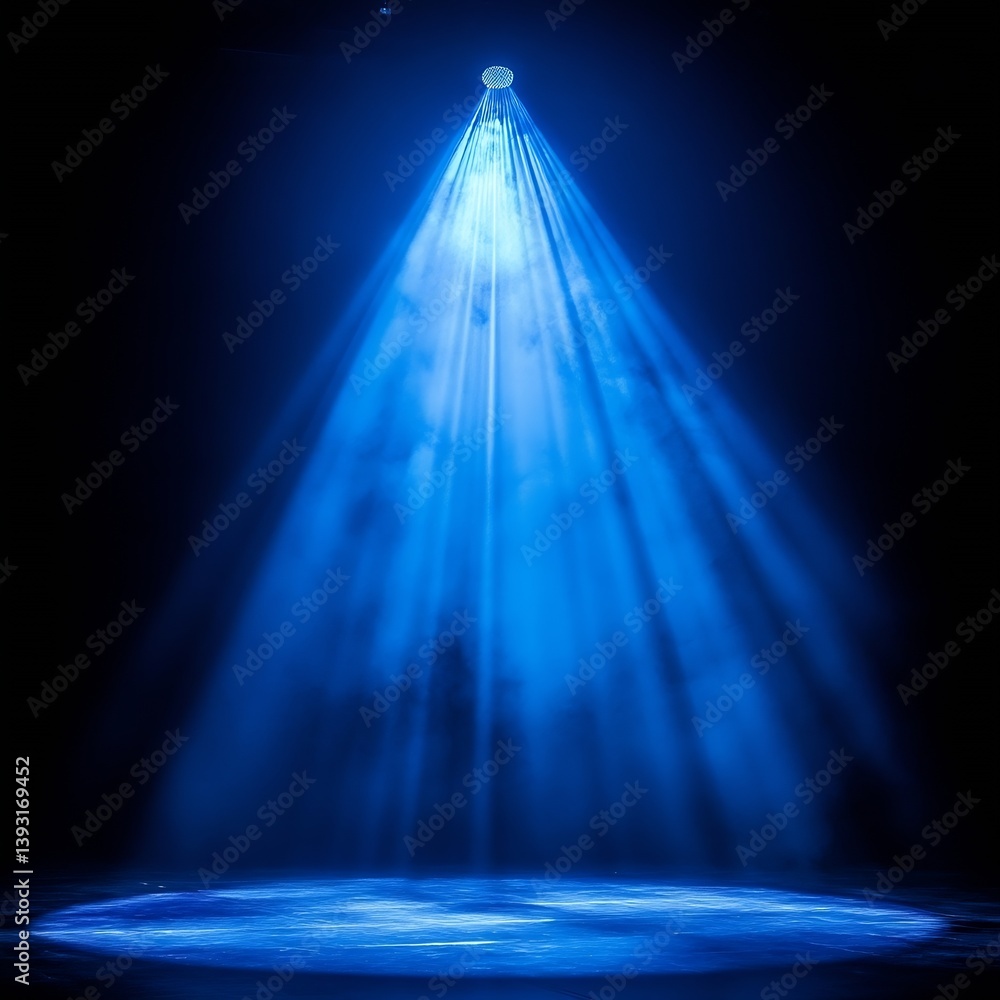 Poster dramatic blue spotlight beam illuminating dark stage. intense focus and powerful lighting effect for