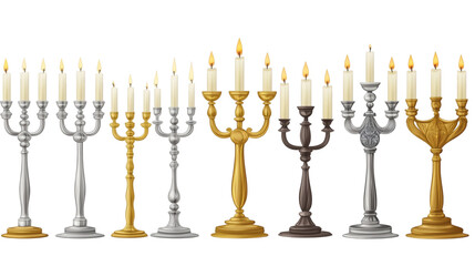 Set of traditional golden and silver menorah with candles collection isolated on white background