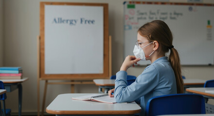 Elementary school girl wearing face mask sitting at desk in classroom. pandemic education, allergy, school reopening concept. Health protocols, classroom adaptation.