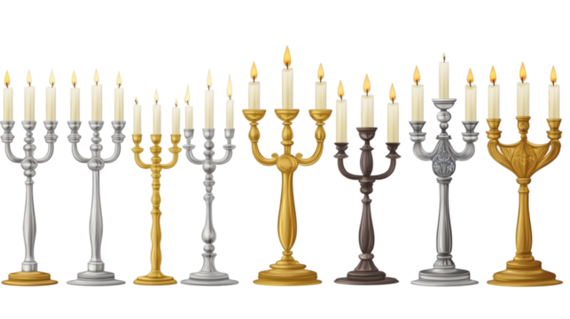 Set of traditional golden and silver menorah with candles collection isolated on white background