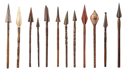 Set of various ancient primitive hand spears isolated on white background