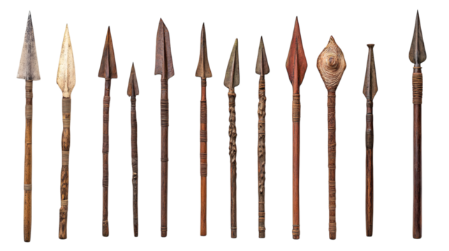 Set of various ancient primitive hand spears isolated on white background - Powered by Adobe