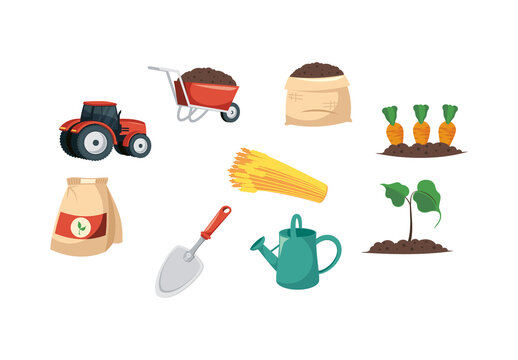 Red And Green Farming Tools And Vegetables Icons Set