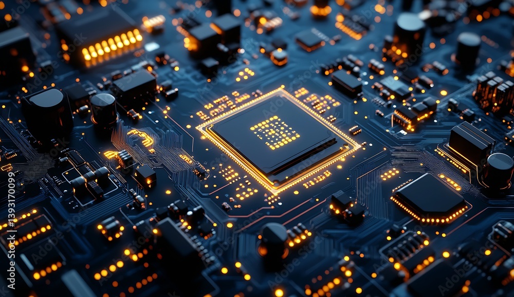 Aufkleber Advanced Computer Circuit Board Featuring Bright Orange LEDs and Complex Microprocessor Components : Generative AI