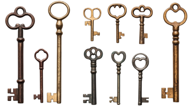 Set of various antique vintage keys collection isolated on white background