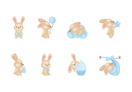 Blue And Beige Baby Boy Bunny Party Stickers Set
