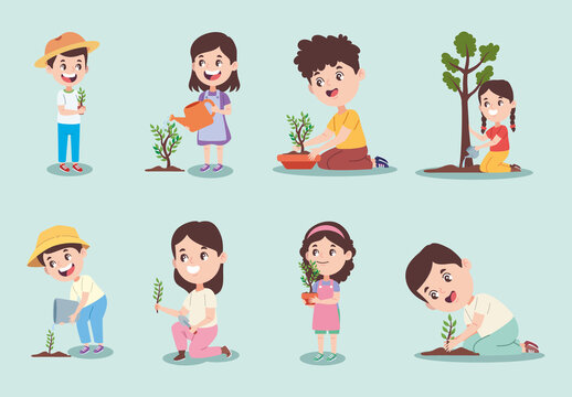 Green And Beige Eco Friendly Kids Planting Illustration Set