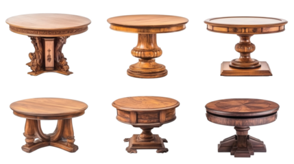 Set of various antique wooden centre tables isolated on white background