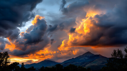 Naklejka premium Golden clouds stretch across the evening sky, gently lit by the last rays of sunlight as the mountains stand tall below.