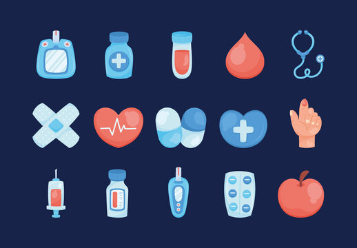Blue And Red Flat Diabetes Health Icons Set