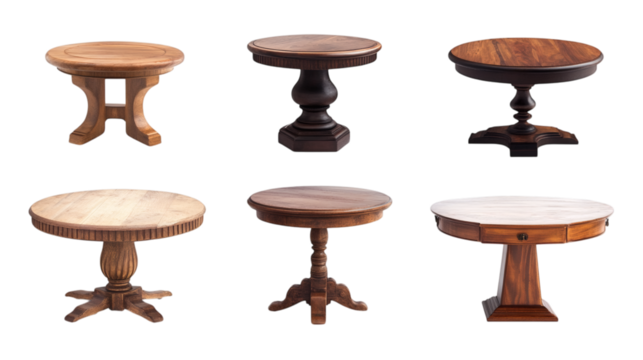 Set of various antique wooden centre tables isolated on white background