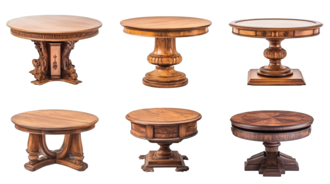 Set of various antique wooden centre tables isolated on white background