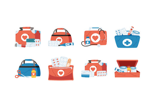 Red And Blue Medical First Aid Kit Stickers Set