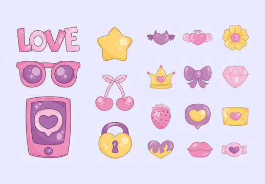 Pink And Yellow Kawaii Cute Mobile Accessories Icons Set