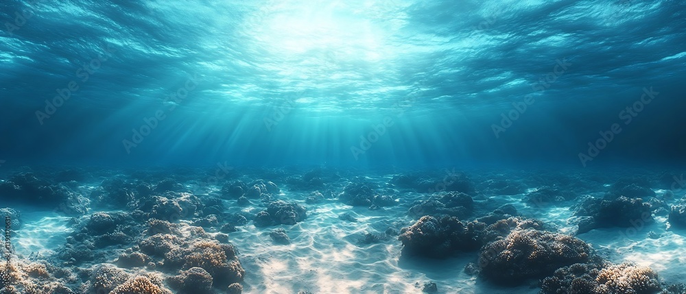 Poster underwater scene with sunlight filtering through water surface ocean floor with coral and sand beaut
