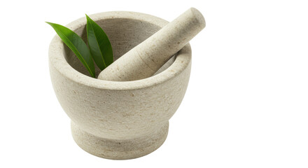 Isolated Mortar and Pestle with Green Leaves