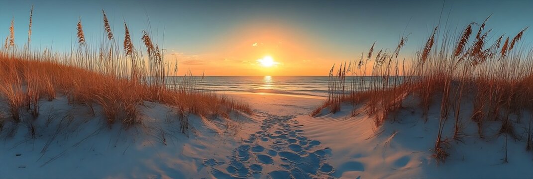 Scenic Beach Sunset with Footprints in Sand and Sea Oats Silhouetted Against Glowing Sun : Generative AI