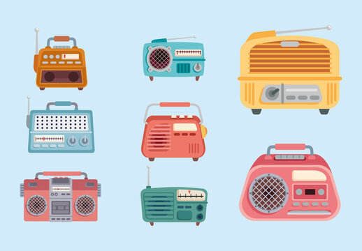 Yellow And Red Retro Music Radios Illustration Set