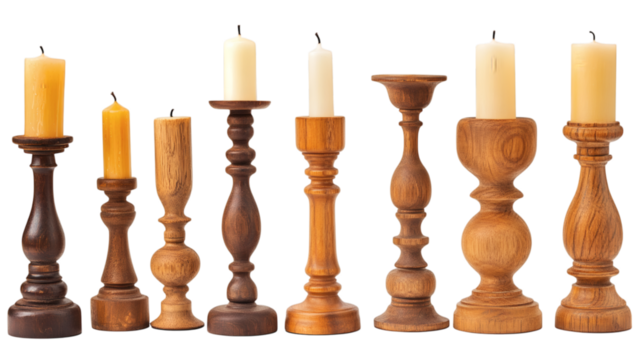 Set of various beautiful wooden pillar candle stands isolated on white background