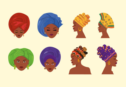 Red And Yellow Yoruba Headwrap Culture Illustration Set