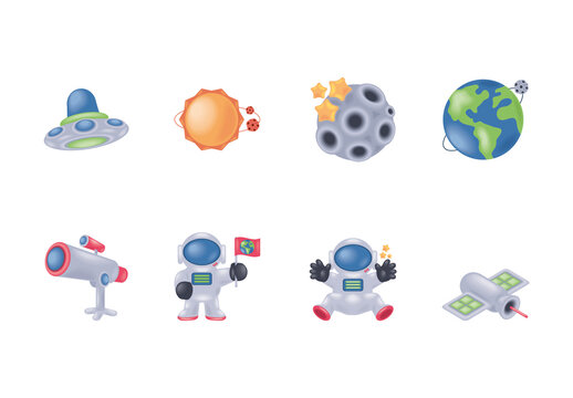 White And Blue Astronaut Solar System Illustration Set